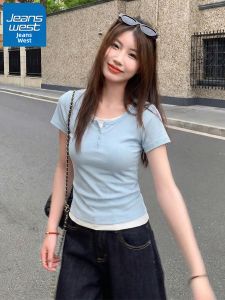Jeanswest | Áo Thun Tay Ngắn Ống Đứng Giả Lớp Slim Fit Dành Cho Người Bé Nhỏ Màu Xanh