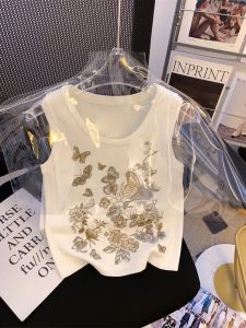 Sweet And Spicy French Butterfly Embroidery Knitted T-Shirt Womens Summer Pure Desire U-Neck Ice Silk Strap Vest Short Sleeve