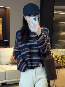 เสื้อสเวตเตอร์ถักลายทาง เสื้อเชิ้ตชั้นในแฟชั่นฤดูใบไม้ร่วงสำหรับผู้หญิง เสื้อคลุมกันหนาวแบบสวมหัวแขนยาวสไตล์เรียบง่าย