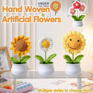 Fabric Artificial Potted Plant & Handmade Crocheted Smiling Face Sunflower Bonsai Home Office Cute Desktop Decor