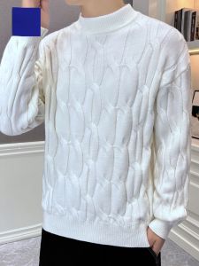 ROMON | Lomond Mens Half High Collar Sweater Autumn Winter Loose Thickened Knitted Shirt Fashion Casual Style Warm White Floral Pattern