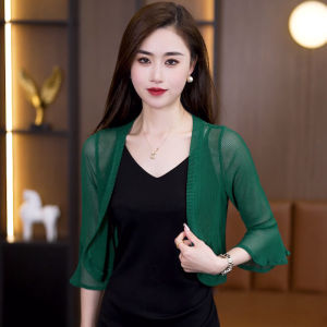 Summer Lightweight Mesh Shawl Cardigan Womens Sleeveless Short Coat Half Open Collar Five-Quarter Length Nylon Spandex Blend