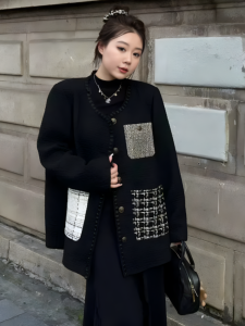 plus Size French Style Color Block Slimming Cardigan Womens Spring Autumn New Loose Fit Short Suit Jacket Princess Commute