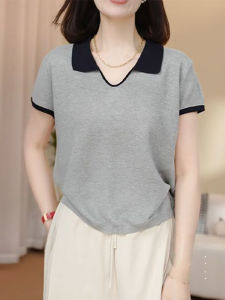 Shalldoer | Áo thun nữ tay ngắn cổ bẻ màu khối thời trang mùa hè phong cách Hàn Quốc cao cấp Áo thun thường ngày cổ tròn