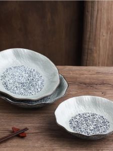 Large Size Ceramic Plate Underglaze Color Restaurant Hotel Restaurant New Japanese Style Deep Dish Floral Pattern Unusual Shape