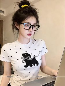 Korean Style Polka Dot Straight Shoulder Slim Short T-shirt