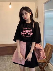 เสื้อยืดแขนสั้นผ้าฝ้ายแท้สีดำ ทรงหลวม สไตล์อเมริกัน หวานและเผ็ด สำหรับผู้หญิง เสื้อตัวบนแขนสั้น แฟชั่นฤดูร้อน 2025