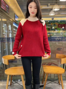 Thickened Half High Collar Patchwork Knit Sweater