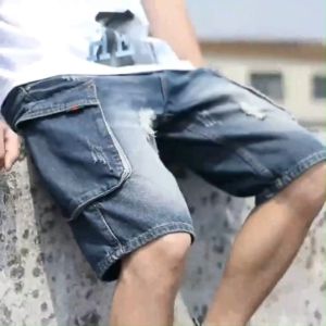 Summer Denim Shorts Mens Loose Oversized Straight Work Shorts Casual and Versatile Hipster Ripped Trousers
