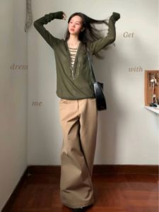 High Waist Wide Leg Pants Womens Loose Casual Trousers American Style Khaki Color Vintage Long Pants for Taller Women