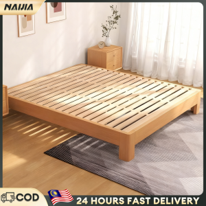 NAIJIA Solid Wood Bed Frame Without Headboard Katil Kayu Queen Size Bed Base With Drawer