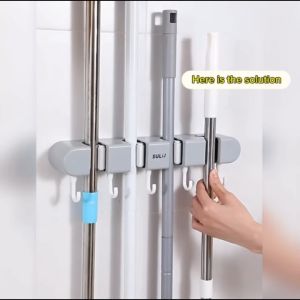 Mop broom holder rack with hook wall mounted heavy duty self-adhesive multifunction with hook holder bracket clamp nail free for wall hanging broom appliance for things for bathroom traceless hook organizer grippers clips