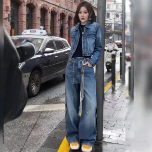 LIANGYILAILIN | Retro American Blue Denim Set Jacket and Pants