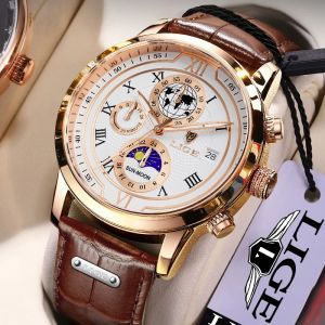 Lige Đồng hồ nam thời trang không thấm nước Chronograph chu kỳ Mặt Trăng ngày da giản dị Đồng hồ thạch anh cho nam giới + Hộp