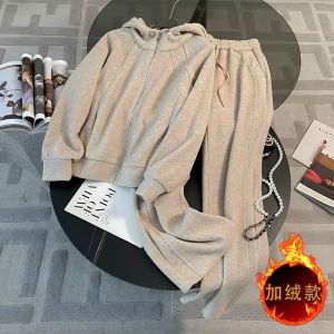 Fashionable Sportswear Set Womens Loose Fleece Hoodie Wide Leg Pants Two Piece Set Autumn Winter Chic Style Zipper Closure