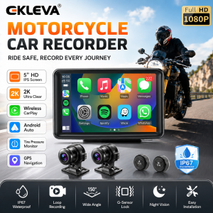 EKLEVA Wireless Apple CarPlay Dual Bluetooth DVR for Motorcycles 1080P+1080P 5" IPS Portable Navigation Android Auto Motorbike IPX7 Waterproof