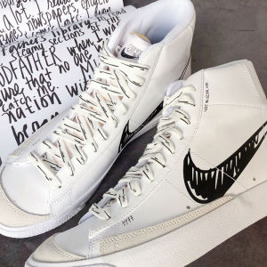 เชือกผูกรองเท้า Blazer High Top ดีไซน์ Graffiti สีขาวดำ อุปกรณ์เสริมรองเท้าแบบถอดได้ ด้ายโพลีเอสเตอร์ผสม