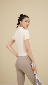 Áo Thun Tập Gym Nữ Ngắn Tay Khóa Kéo Cổ Đứng - Vải Nhanh Khô Co Giãn Ôm Dáng Tôn Eo