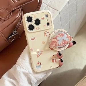 Korean Cartoon Bowknot Croissant Bread Magnetic Bracket Phone Case For iPhone 17 16 15 14 13 12 Pro Max Shockproof Soft Cover