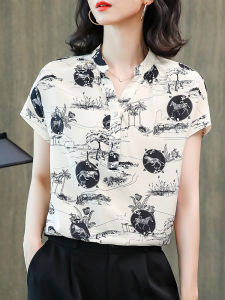 NVSHENJI | Authentic Silk Shirt Women Summer New Short Sleeve Fashionable Personality Hangzhou Heavyweight Mulberry Silk Top V-neck Button Detail