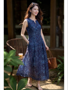 Misoshine | Summer Lightweight Tencel Cooling Blue Floral Sleeveless Dress