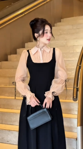 Đầm thiết kế BEMINE cổ sơ mi tay dài phối tơ dáng chữ A phù hợp đi làm-B175