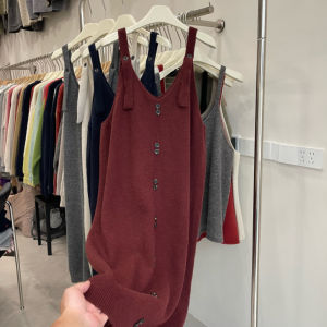 Gray Knitted Dress Womens Spring Autumn Loose Mid-Length Sweater Strap Dress Outerwear Casual Style Button Loose Waist