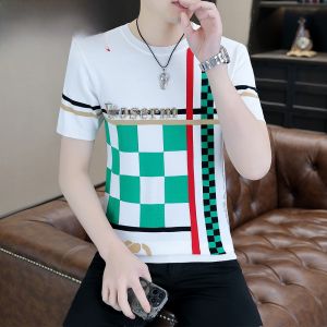 HENGYUANXIANG | Hengyuanxiang Knitted Ice Silk Short Sleeve T-Shirt Round Neck Summer Chessboard Pattern Fashionable Breathable Mens Top