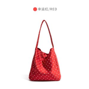 Cos Ladies Red Polka Dot Canvas Tote Bag Large Capacity Commuter Single Shoulder Bag Urban Minimalist Style Nylon Fabric