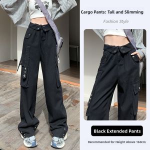 YAMIANNV | 2024 New Black Multi-Pocket Work Pants High Waist Loose Wide Leg Casual Thin Spring Autumn Womens Straight Cut Trousers