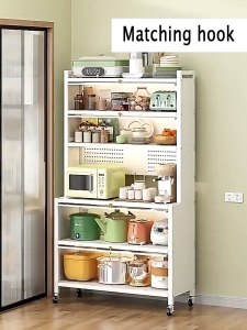 【VIDKHSY Store】5/6-Tier Kitchen Storage Cabinet with Wheels Foldable Door & Waterproof Dustproof Cover Multi-Purpose Microwave Stand Dish Organizer