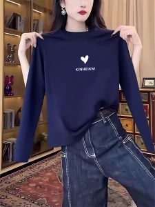 เสื้อยืดคอกลมแขนยาวผ้าฝ้ายแท้ ทรงเข้ารูป แฟชั่นฤดูใบไม้ร่วง สีน้ำเงินอ่อน ใส่ได้หลากหลาย สำหรับผู้หญิง