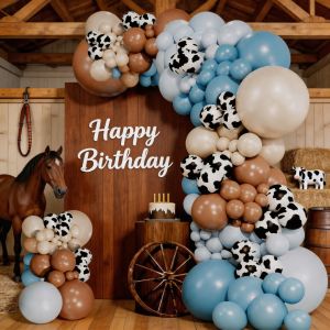 126Pcs Farm Animal Theme Balloon Garland Arch Set Khaki Blue and Sand White Latex Balloon Garland with Cow Prints Barn Yard Country Western Cowboy Birthday Party Supplies Decoration