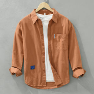 เสื้อเชิ้ตแขนยาวหลวมๆ ทรงสตรีทสไตล์ญี่ปุ่นสำหรับผู้ชาย สีสันสดใส สไตล์ลำลอง เสื้อเชิ้ตคอกลมคอตตอนผสมโพลีเอสเตอร์