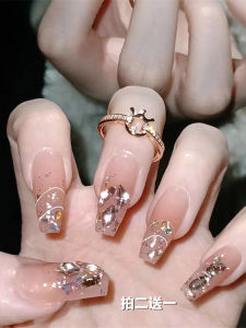 Champagne Diamond Bridal Nail Art Kit Full Set Wearable Long Nails Premium Feel Ready Made Nail Stickers by Other Brand