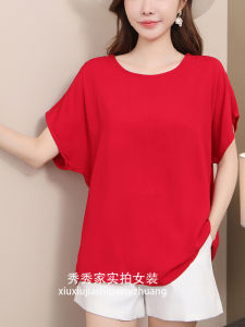 Summer Thin Cotton Silk Loose Short Sleeve Womens T-shirt round Neck Pure Color Artificial Cotton Mom Slimming Top
