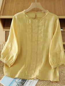 Slimming Lace Yellow Round Neck Short Sleeve Shirt Women Large Size