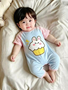 cat and  fish | Baby Cotton Short Sleeve Onesie Thin Summer Sleepwear
