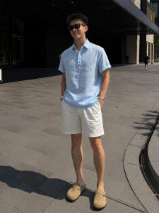 Old Money Style Lazy Fit Blue Tencel Linen Short Sleeve Polo Shirt and Shorts Set