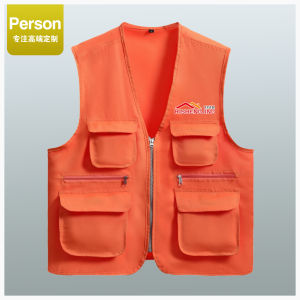 Multpocket Workwear Vest Orange Printed Logo Cultural Event Promotion Utility Waistcoat Standard Fit Polyester Youth Fashion