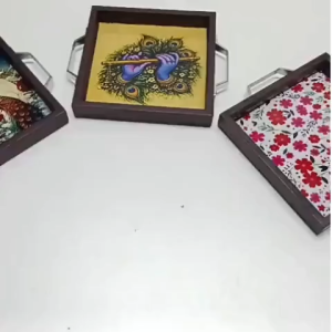 Pichwai Printed Wooden Tray 8 x 8 x 1 Inches | Printed Wooden Tray with Side Handles | Diwali | Home Décor & Festive Gifting | 1 Pc