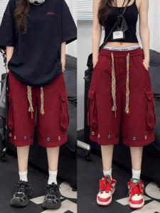 Quần Short Công Sở Cạp Cao Màu Đỏ Rượu Vang Mùa Hè Cho Nữ Quần Short Thể Thao Ngoài Trời Có Túi Lớn Quần Dài Đến Giữa Bắp Chân