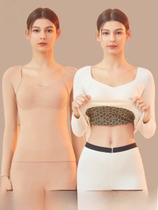 MiiOW | Warm Wool Silk Base Layer Shirt Womens Autumn Winter Inner Wear V-neck T-shirt With Chest Pad Polyester Viscose Spandex Blend
