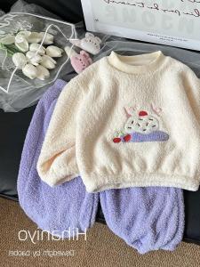 Thickened Plum Velvet Pajamas Set for Baby Girls Winter Warm Home Clothes Cartoon Design Long Sleeve Rabbit Fur Material