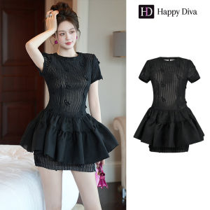 Happy Diva ชุดเดรสลายพิมพ์สีดำ ไซส์สั้น ✨สไตล์โมเดิร์น ใส่ได้ทั้งงานแต่ง-เรียนจบ-ปาร์ตี้ 21728