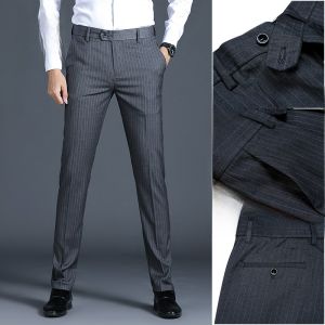 Romon Mens Business Casual Slim Fit Elastic Waist Summer New Style Pants Striped Long Trousers Polyester Viscose Spandex
