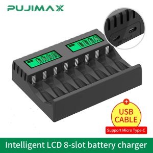 PUJIMAX 8 Slots Smart Fast Battery Charger LCD Display With USB Cable For 1.2V AA AAA NI-MH Rechargerable Battery Fast Charging