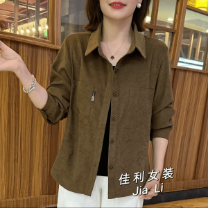 เสื้อเชิ้ตคอปกพับสีพื้นบางๆ สไตล์ลำลองสำหรับฤดูใบไม้ร่วง เสื้อคลุมกันหนาวแบบเปิดไหล่สำหรับคุณแม่ เสื้อผ้าทำงานสไตล์เกาหลี