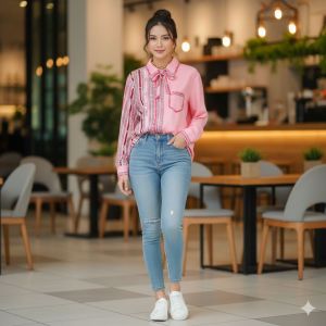 Kemeja Wanita Lengan Panjang Bahan Silk Motif Rantai Elegan dengan Dasi Pita – Warna Pink atasan new