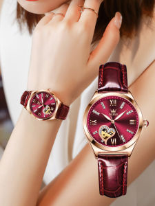 OLEVS | Waterproof Red Leather Mechanical Womens Watch